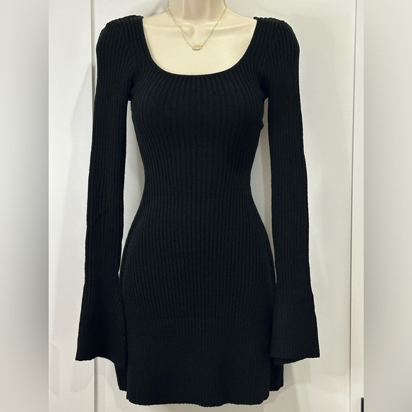 SOLD Princess Polly Brownhall Long Sleeve Ribbed Bell Sleeve Black Mini Dress - Picture 5 of 15